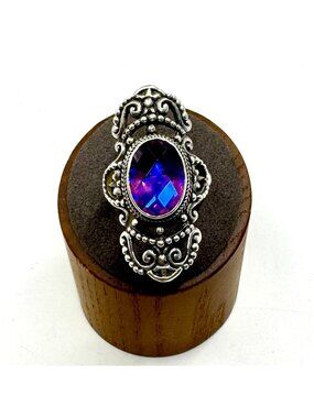 VTG Sterling Silver 925 Amethyst Milgrain Border Scroll Ring Size 10.75